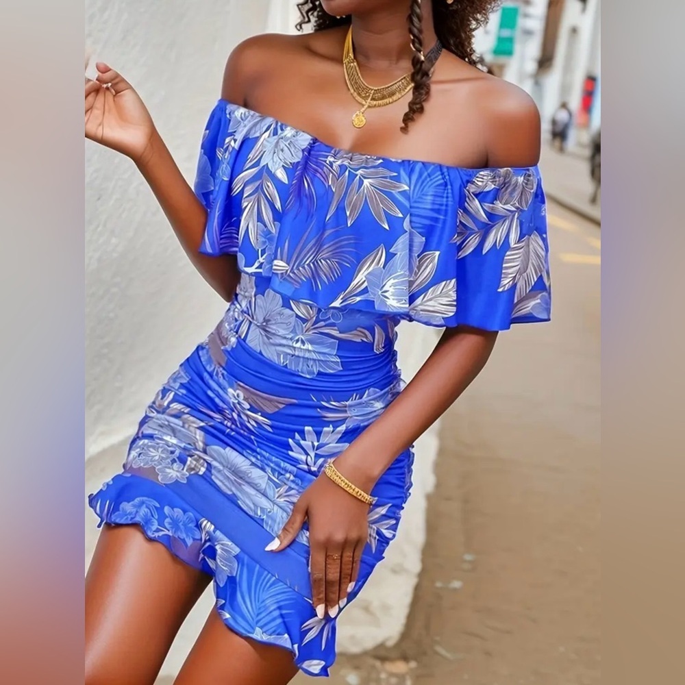 Women’s Off Shoulder Summer Mini Floral Dress Tropical Blue Bodycon Sz M
